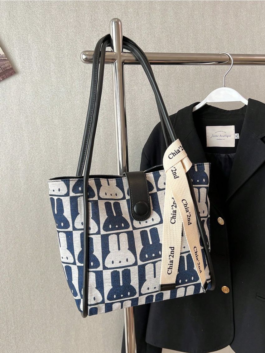 Medium Tote Bag Button Cartoon Rabbit Print