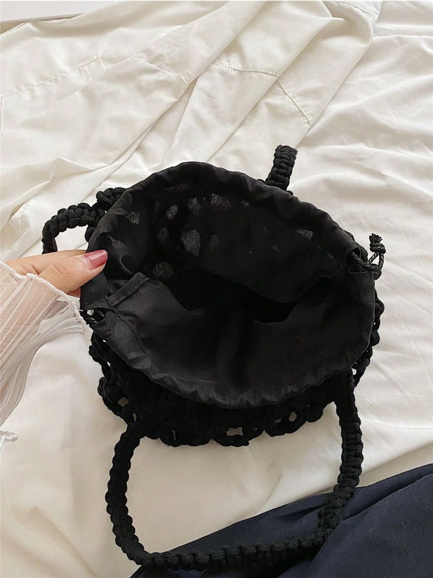 Small Bucket Bag Drawstring Design Solid Black