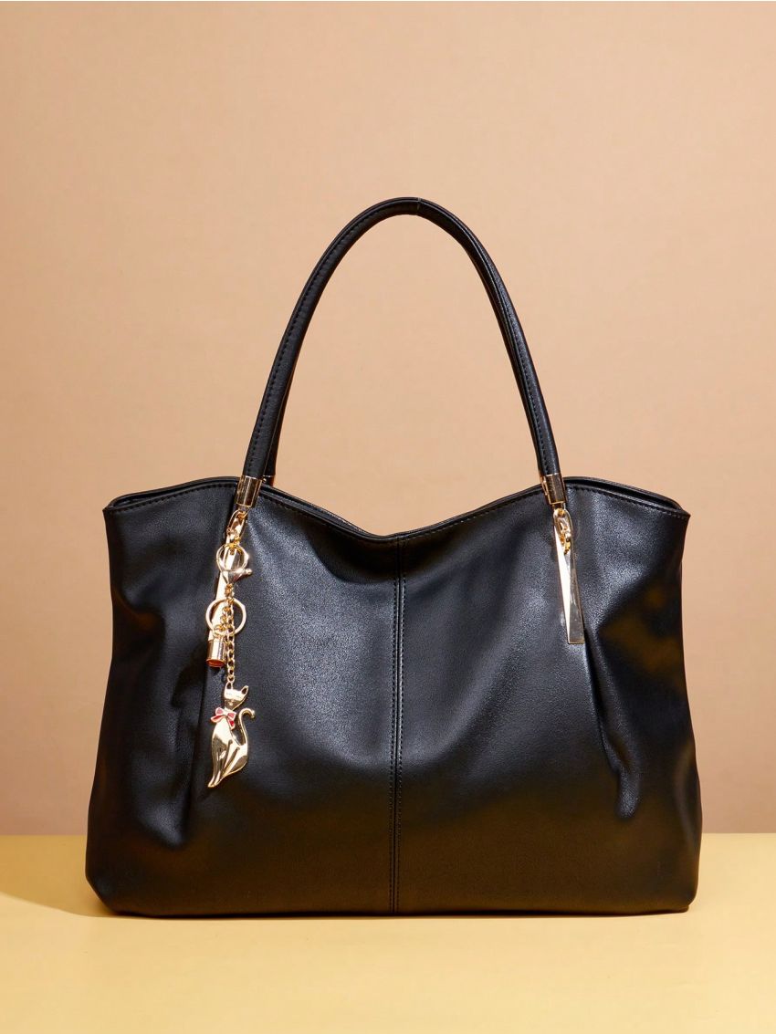Large Shoulder Tote Bag Black With Bag Charm