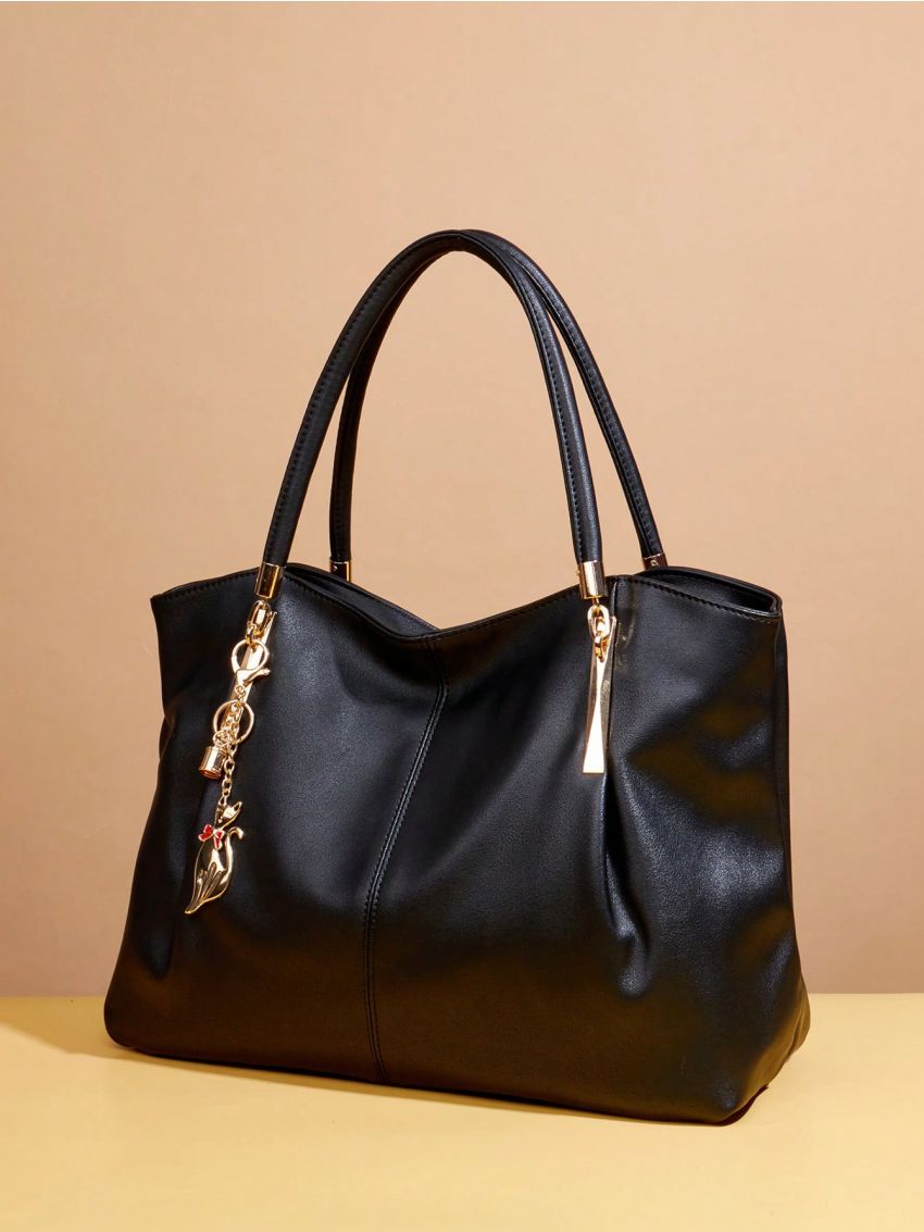 Large Shoulder Tote Bag Black With Bag Charm