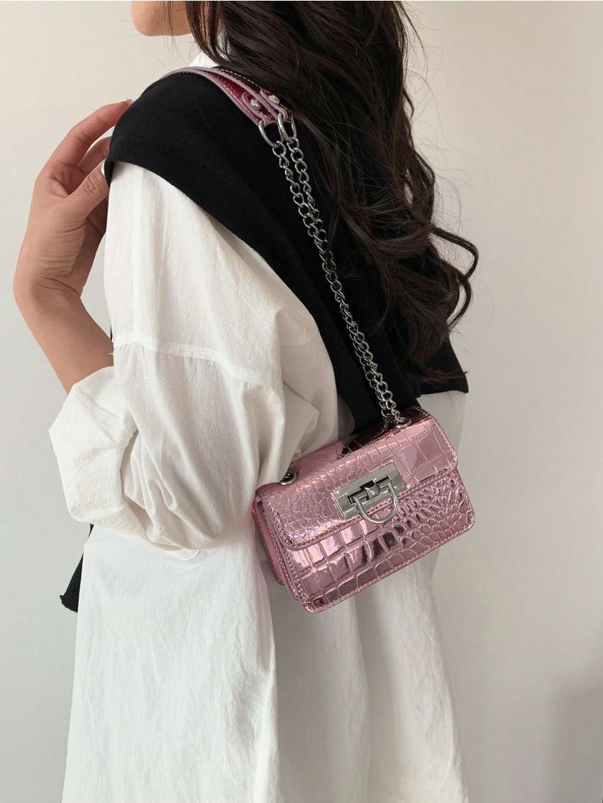 Mini Flap Square Bag Metallic Crocodile Embossed Funky