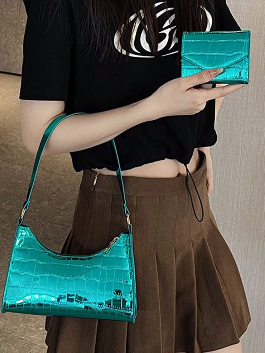 Small Baguette Bag Crocodile Embossed With Small Wallet