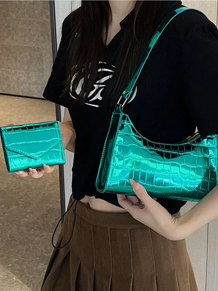 Small Baguette Bag Crocodile Embossed With Small Wallet