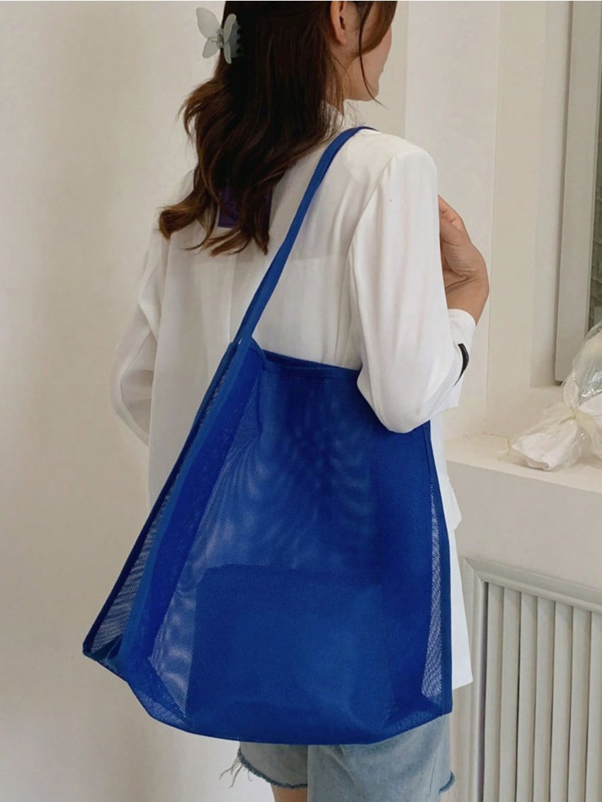 Ladies Casual Solid Color Mesh Hollowed Out Portable High-Capacity Beach Tote Bag Can Be Folded