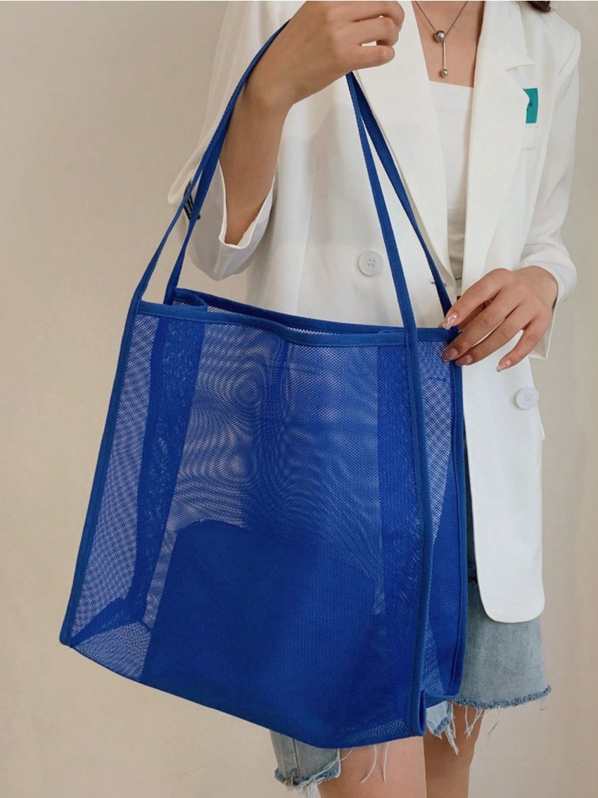 Ladies Casual Solid Color Mesh Hollowed Out Portable High-Capacity Beach Tote Bag Can Be Folded