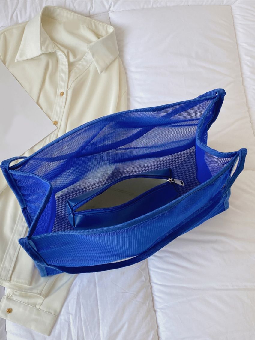 Ladies Casual Solid Color Mesh Hollowed Out Portable High-Capacity Beach Tote Bag Can Be Folded