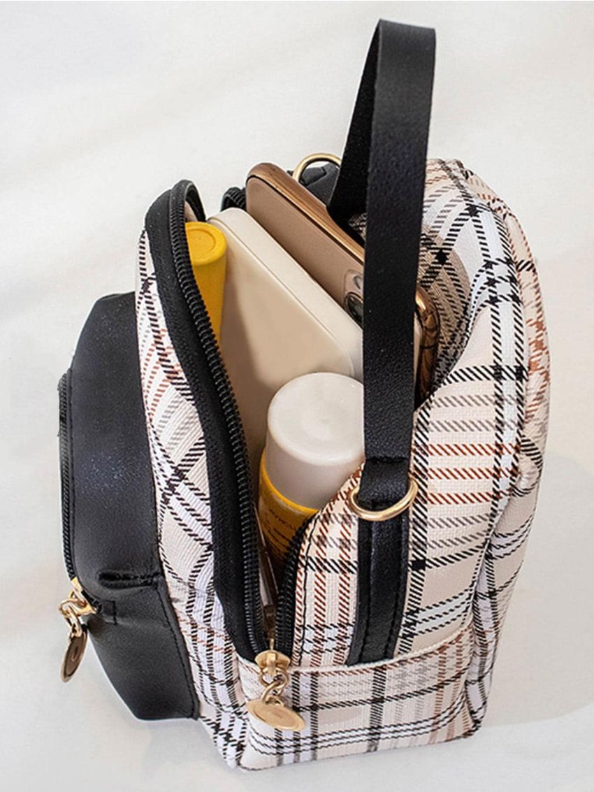 Mini Plaid Pattern Studded Decor Satchel Bag