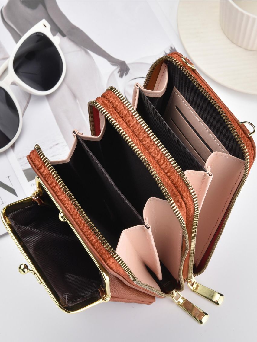 Brown Phone Wallet Letter Detail Kiss Lock