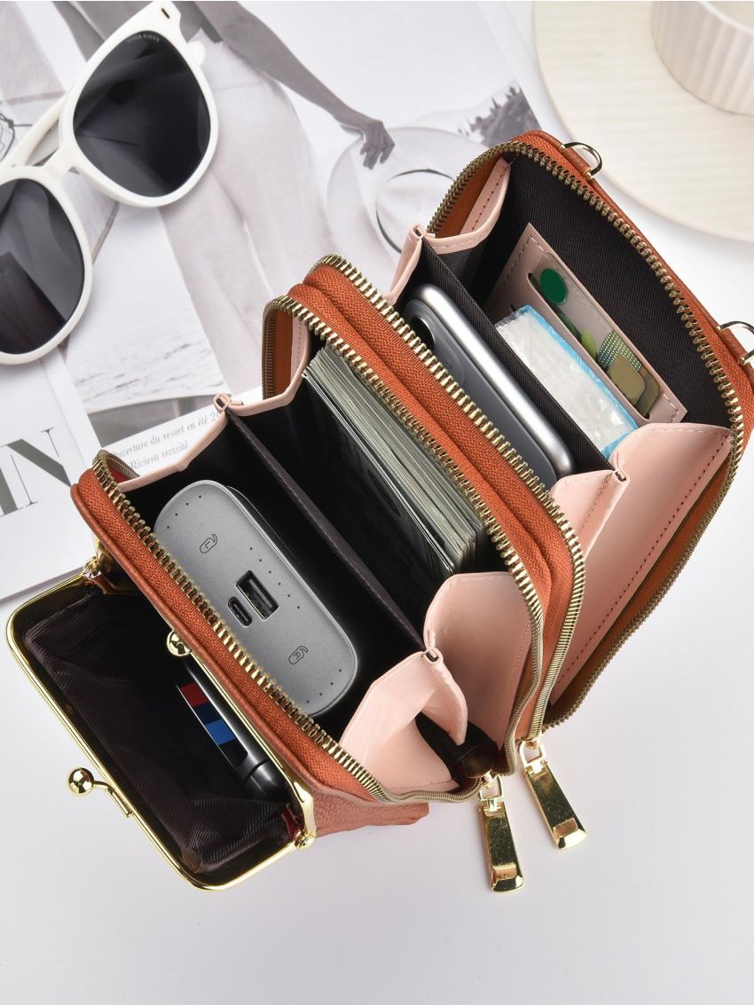 Brown Phone Wallet Letter Detail Kiss Lock