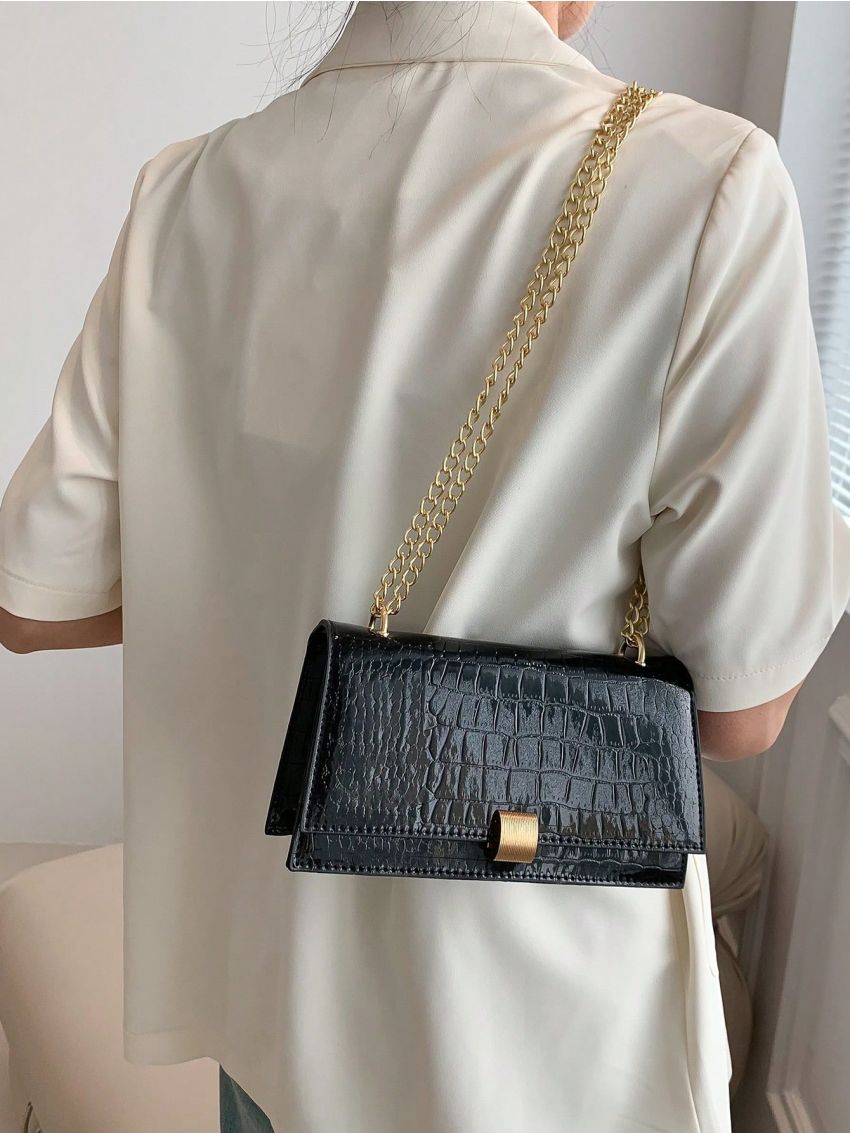 Small Square Bag Black Crocodile Embossed Flap Chain Strap For Daily
