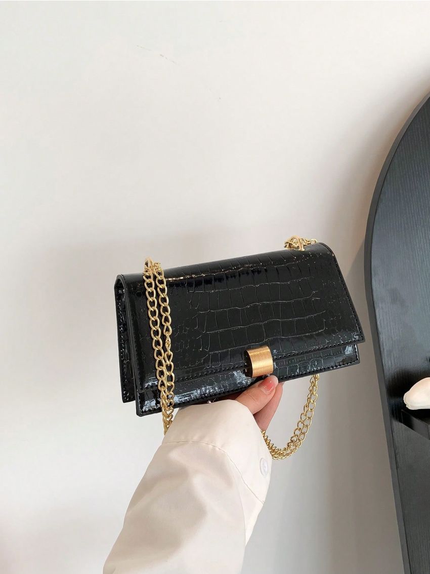 Small Square Bag Black Crocodile Embossed Flap Chain Strap For Daily