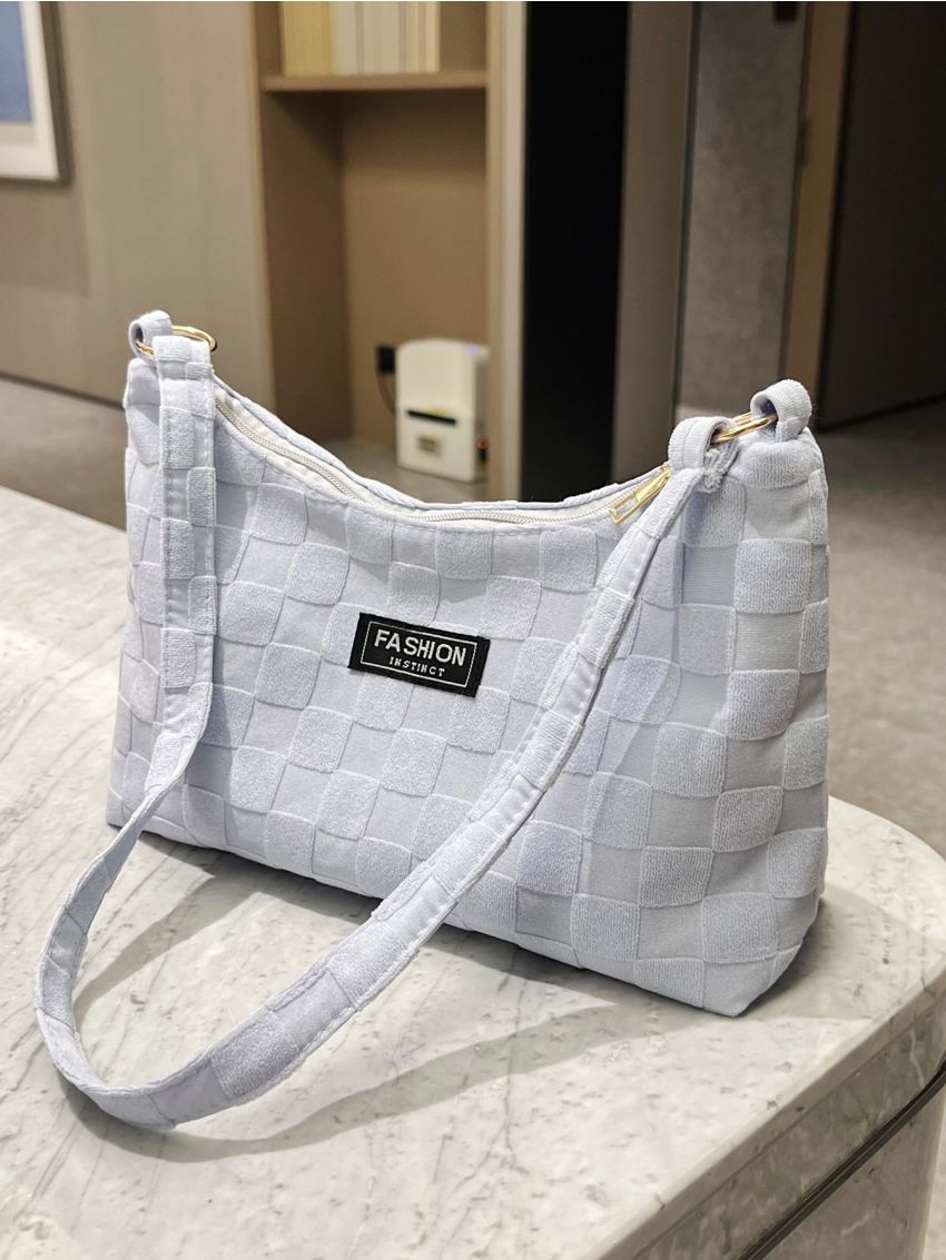 Letter Patch Decor Hobo Bag Medium Blue Zipper