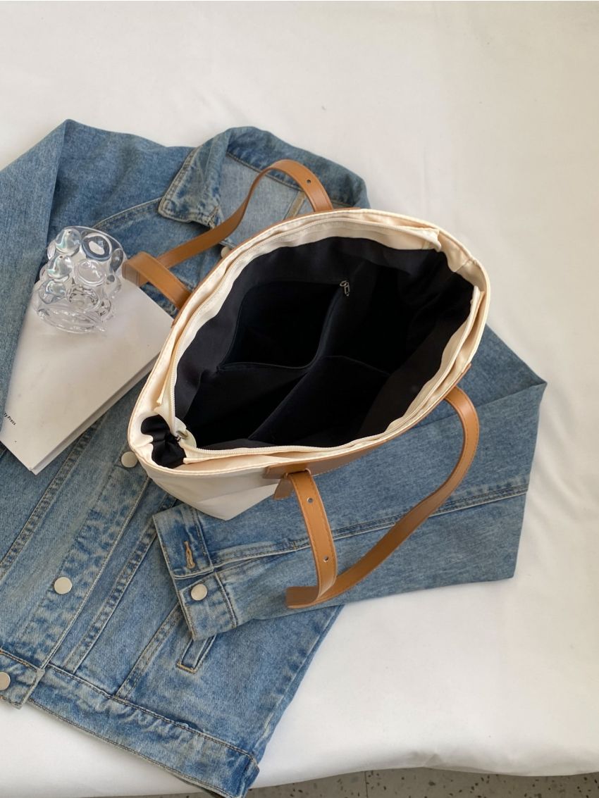 Letter Embossed Shopper Bag With Zipper