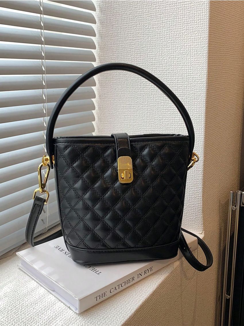 Quilted Pattern Bucket Bag Turn Lock Black