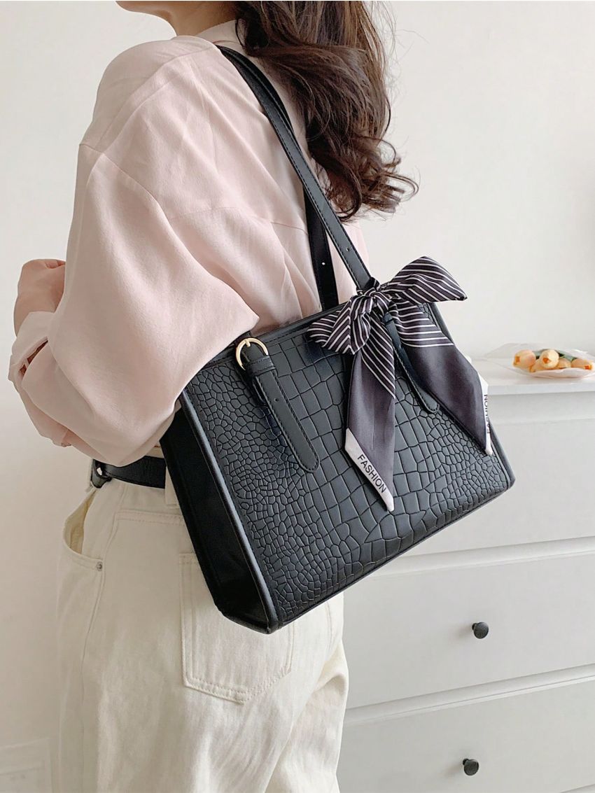 Two Tone Square Bag Crocodile Embossed Twilly Scarf Decor