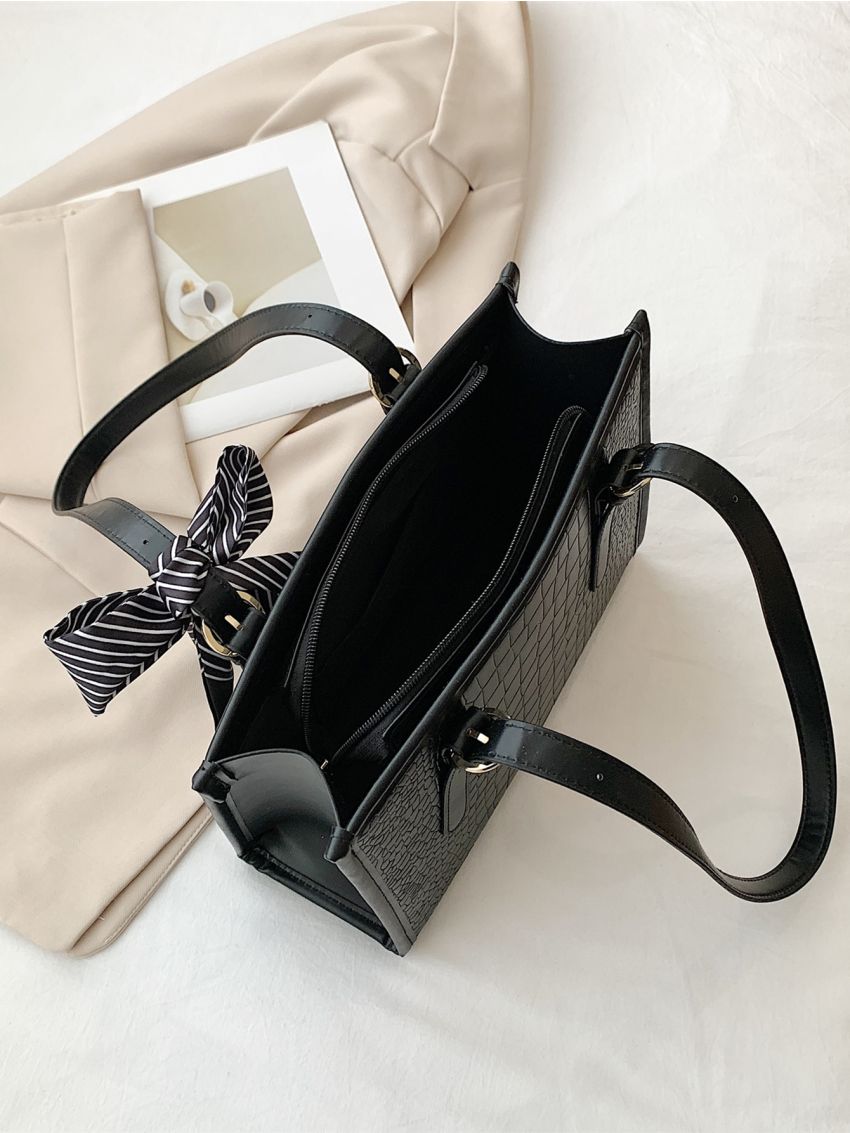 Two Tone Square Bag Crocodile Embossed Twilly Scarf Decor