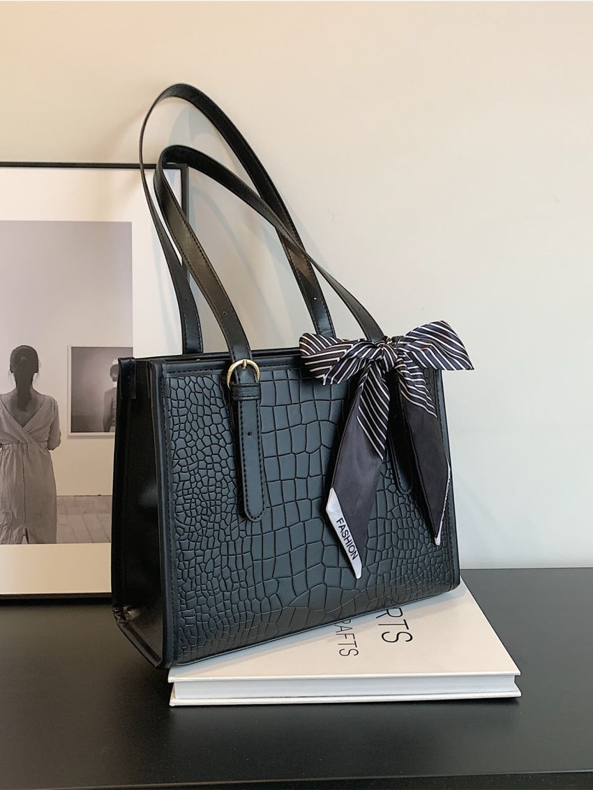 Two Tone Square Bag Crocodile Embossed Twilly Scarf Decor