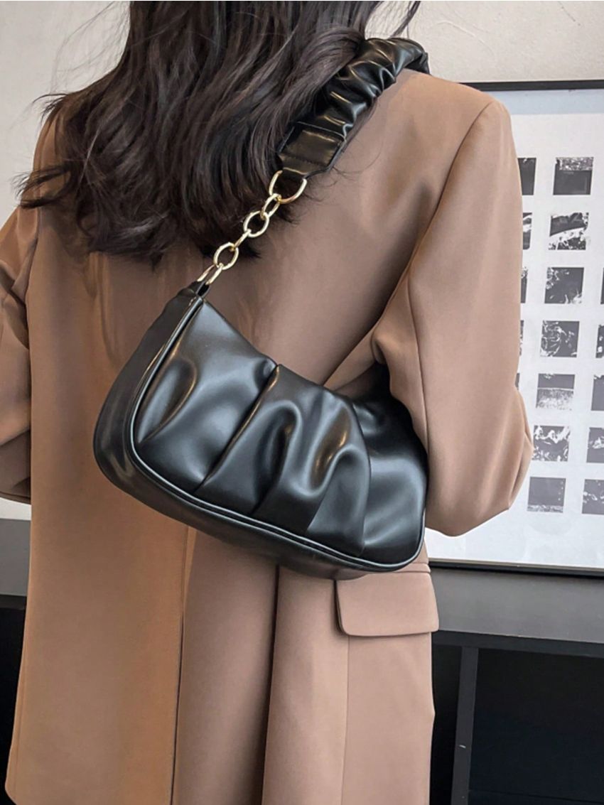 Minimalist Hobo Bag Ruched Detail Black
