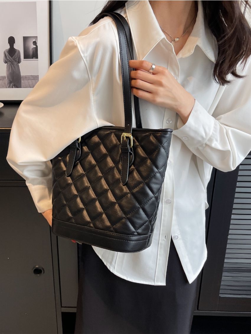 Quilted Shoulder Tote Bag Colorblock Buckle Decor For Work