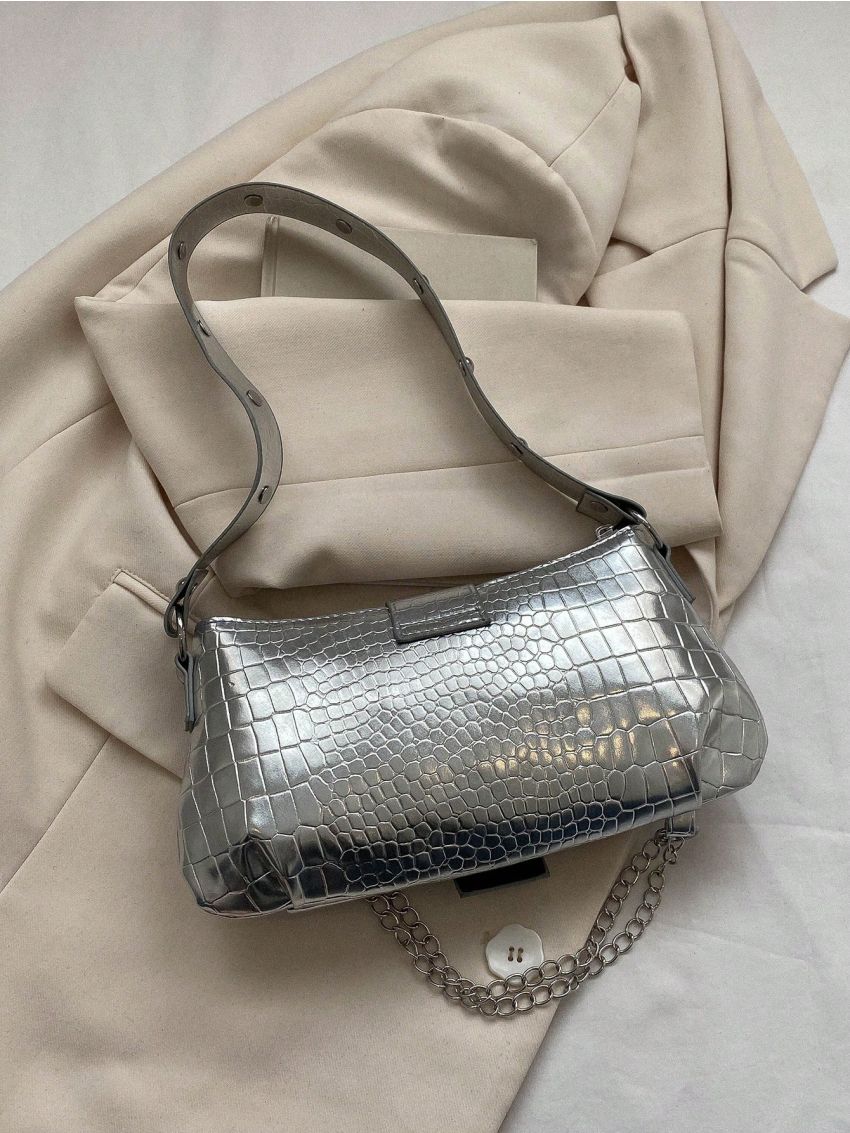 Crocodile Embossed Square Bag Silver Studded & Chain Decor