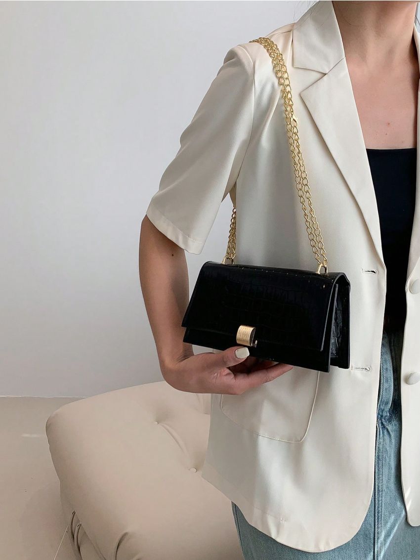 Small Square Bag Black Crocodile Embossed Flap Chain Strap For Daily