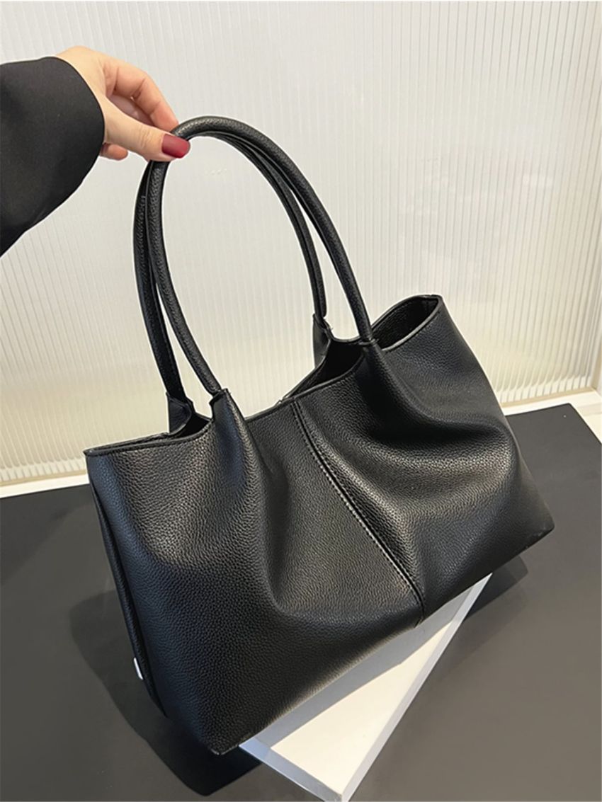 Litchi Embossed Shoulder Tote Bag Black Stitch Detail For Work