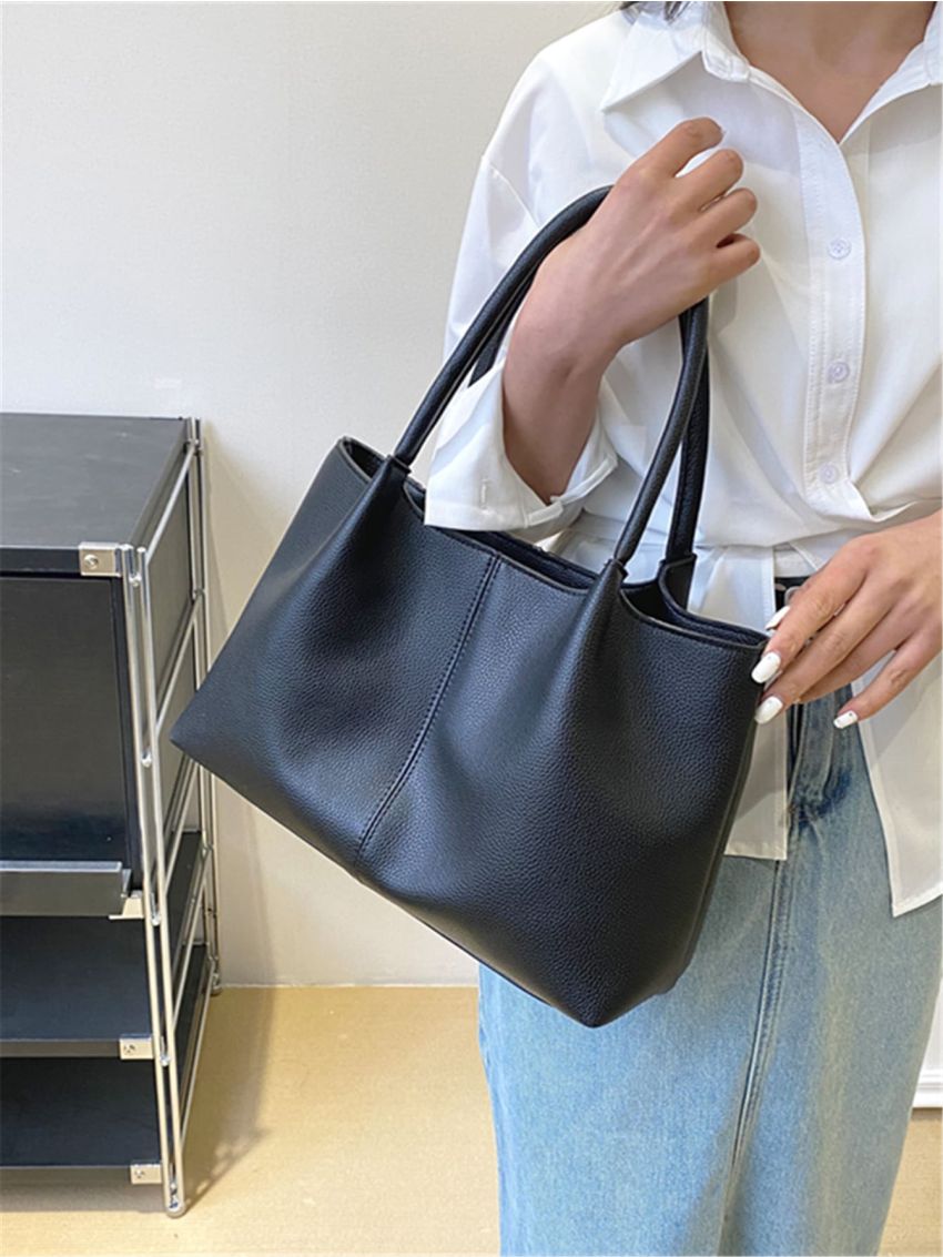 Litchi Embossed Shoulder Tote Bag Black Stitch Detail For Work