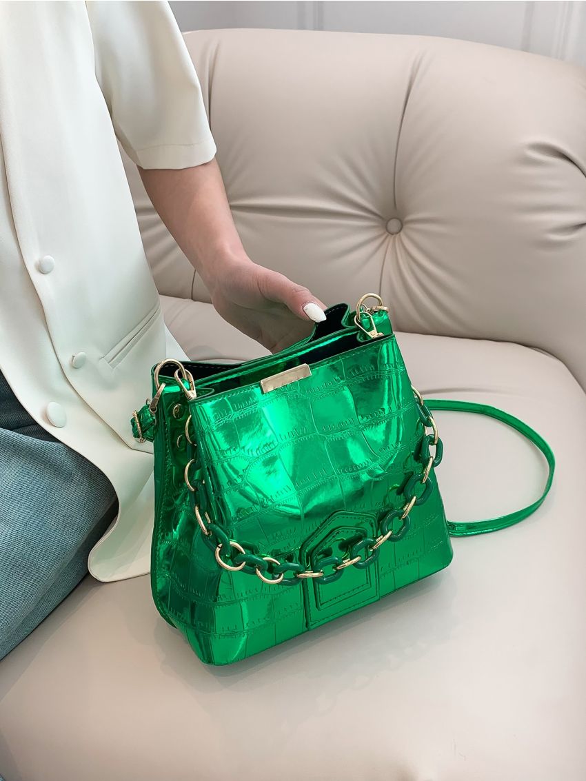 Crocodile Embossed Bucket Bag Metallic Green