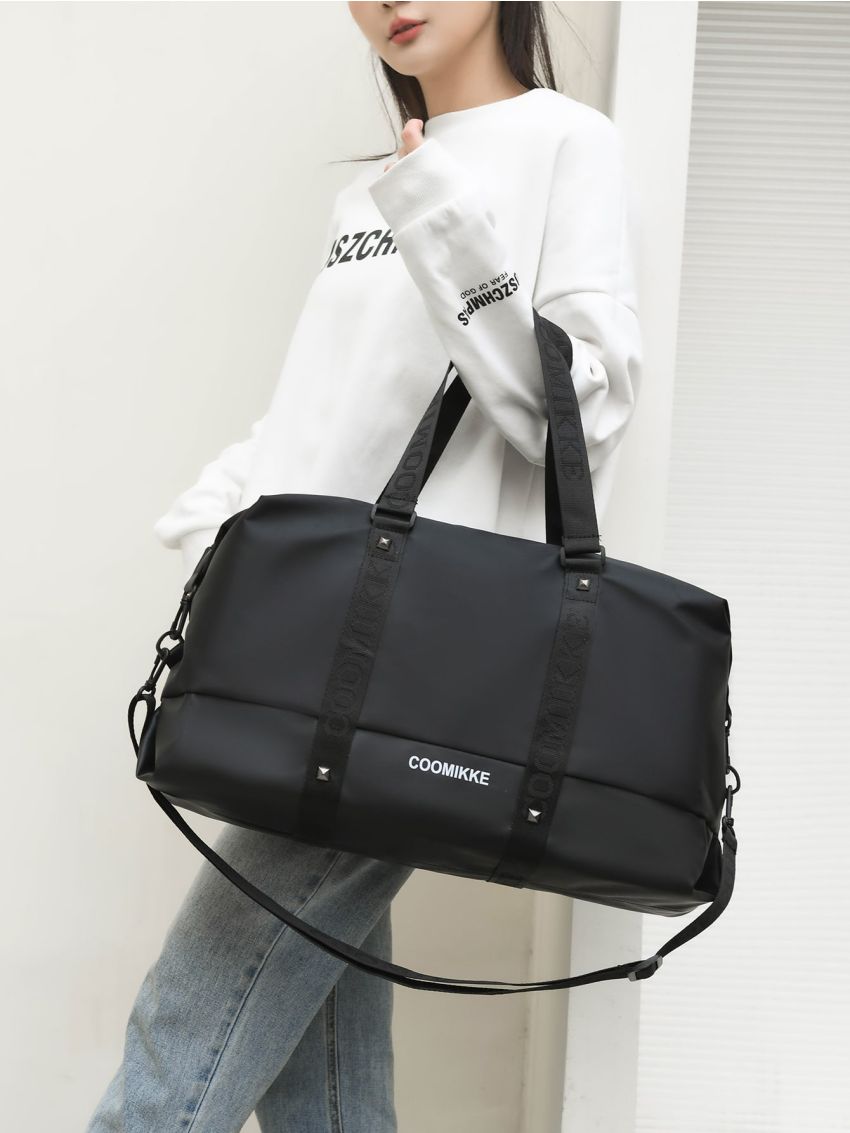 Letter Graphic Travel Bag Double Handle Black Gym Bag