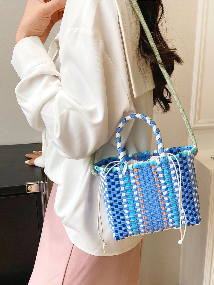 Colorblock Straw Bag Small Drawstring Design Vacation