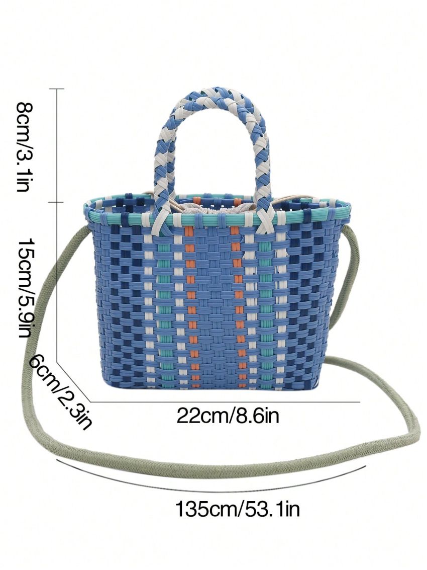 Colorblock Straw Bag Small Drawstring Design Vacation