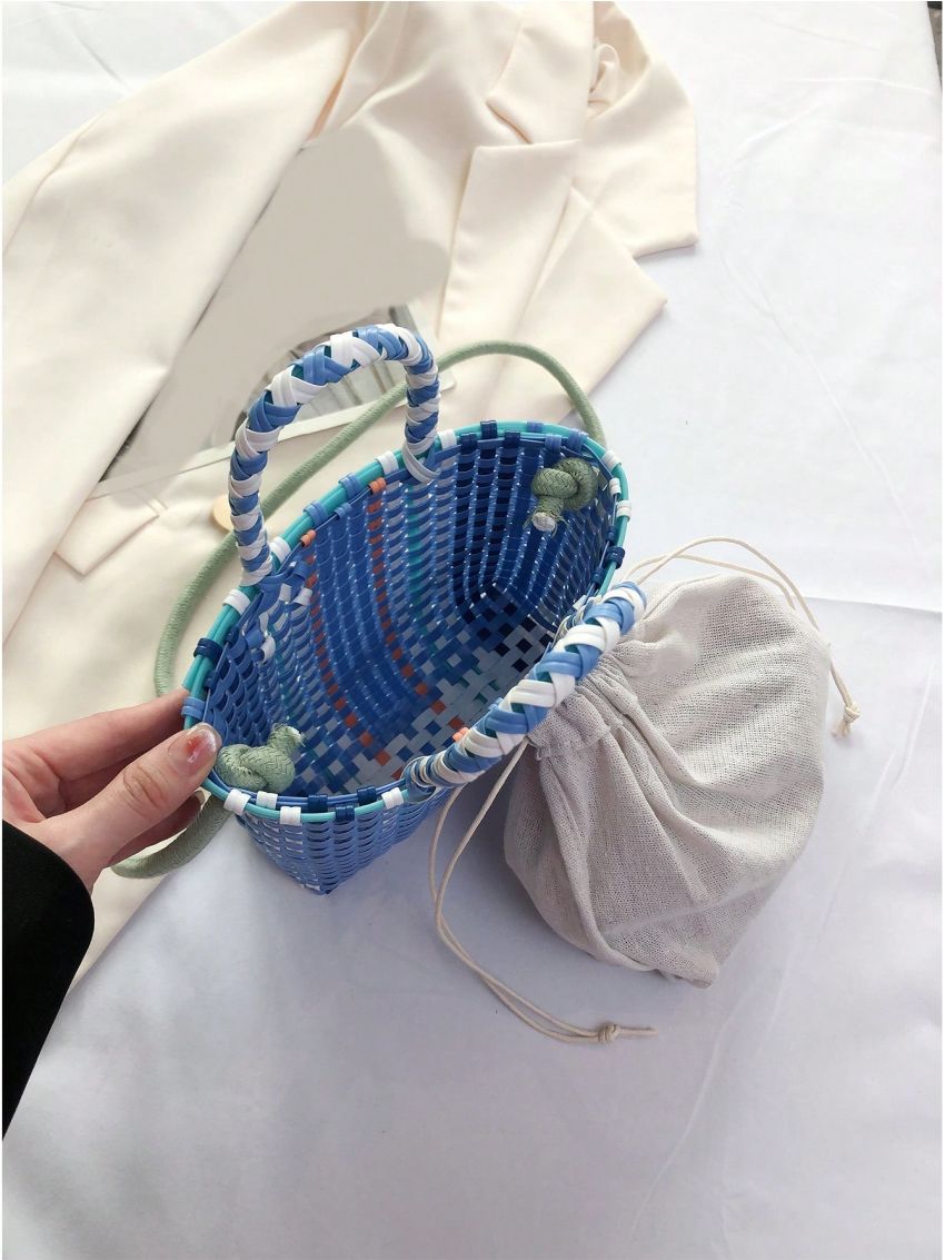 Colorblock Straw Bag Small Drawstring Design Vacation