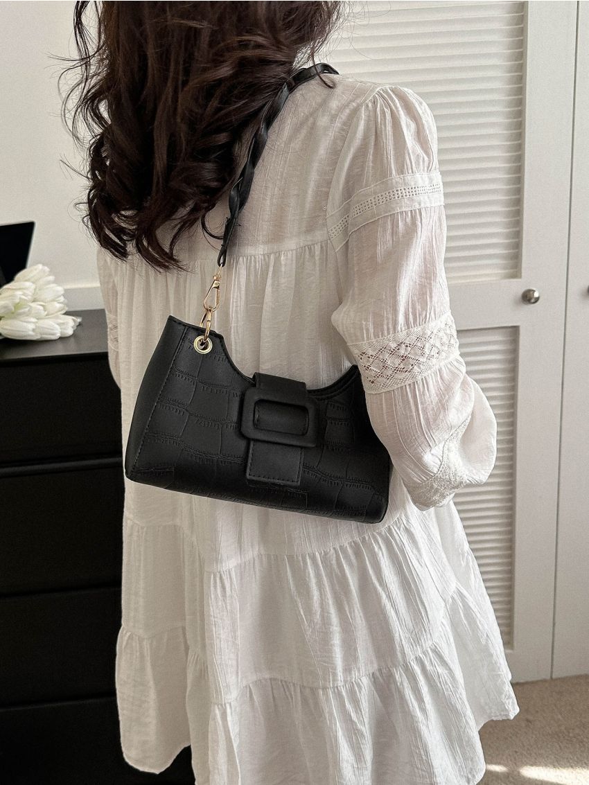 Crocodile Embossed Baguette Bag Small Black