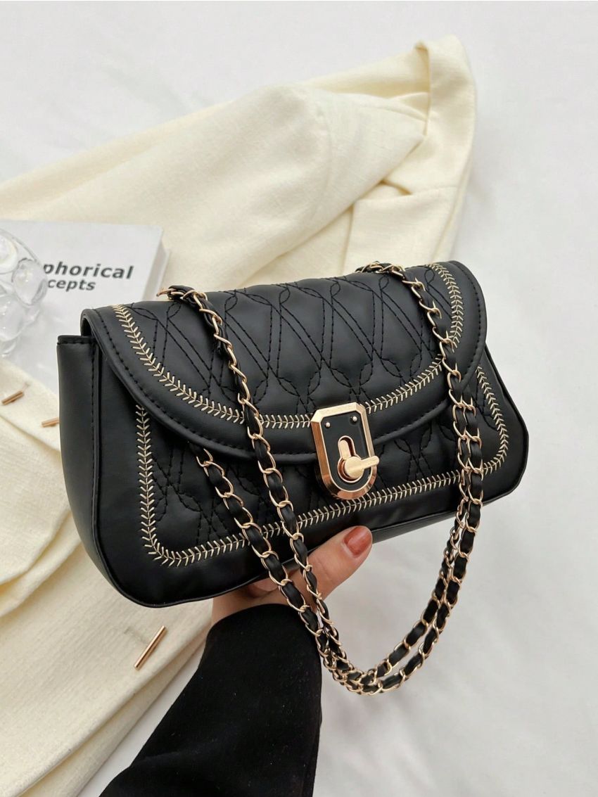 Small Flap Square Bag Quilted Pattern Embroidered Detail Turn Lock