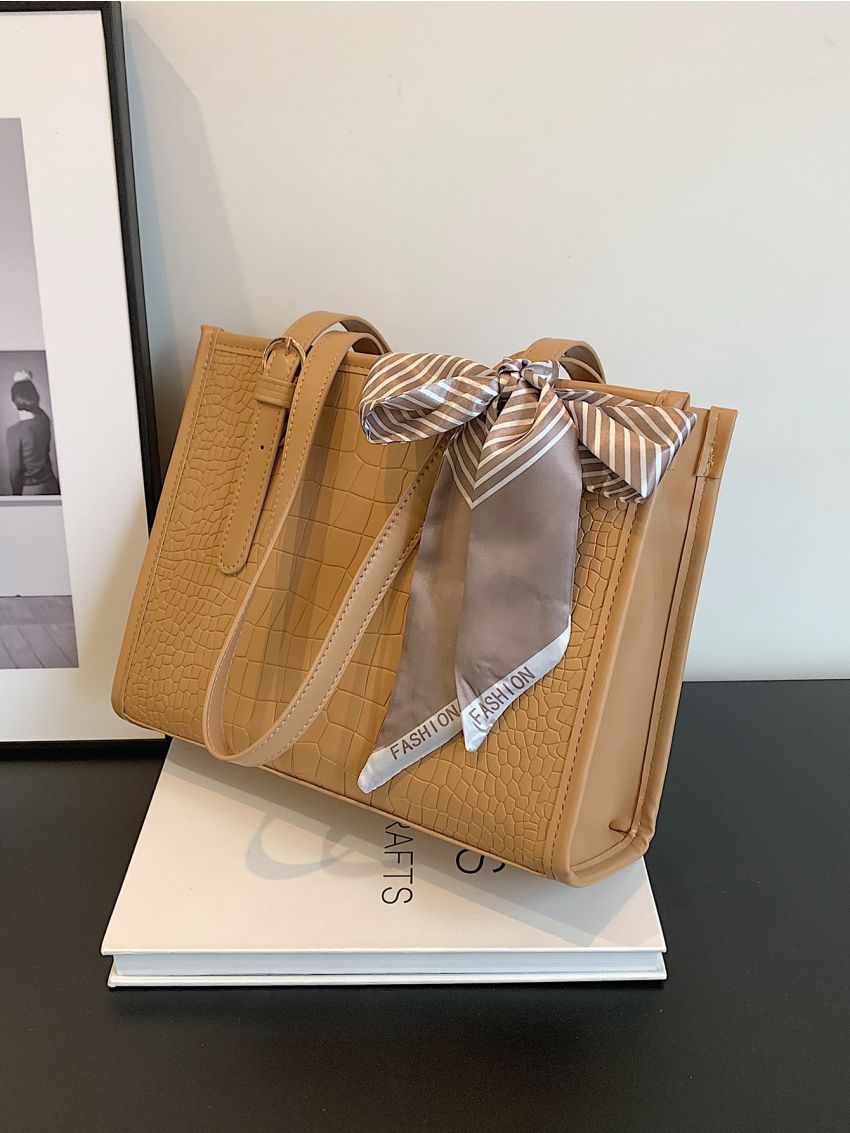 Twilly Scarf Decor Square Bag Crocodile Embossed Medium