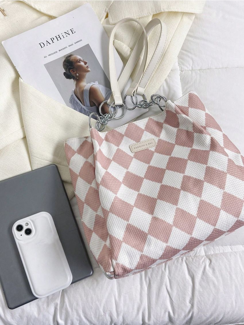 Geometric Pattern Shoulder Tote Bag Small Preppy