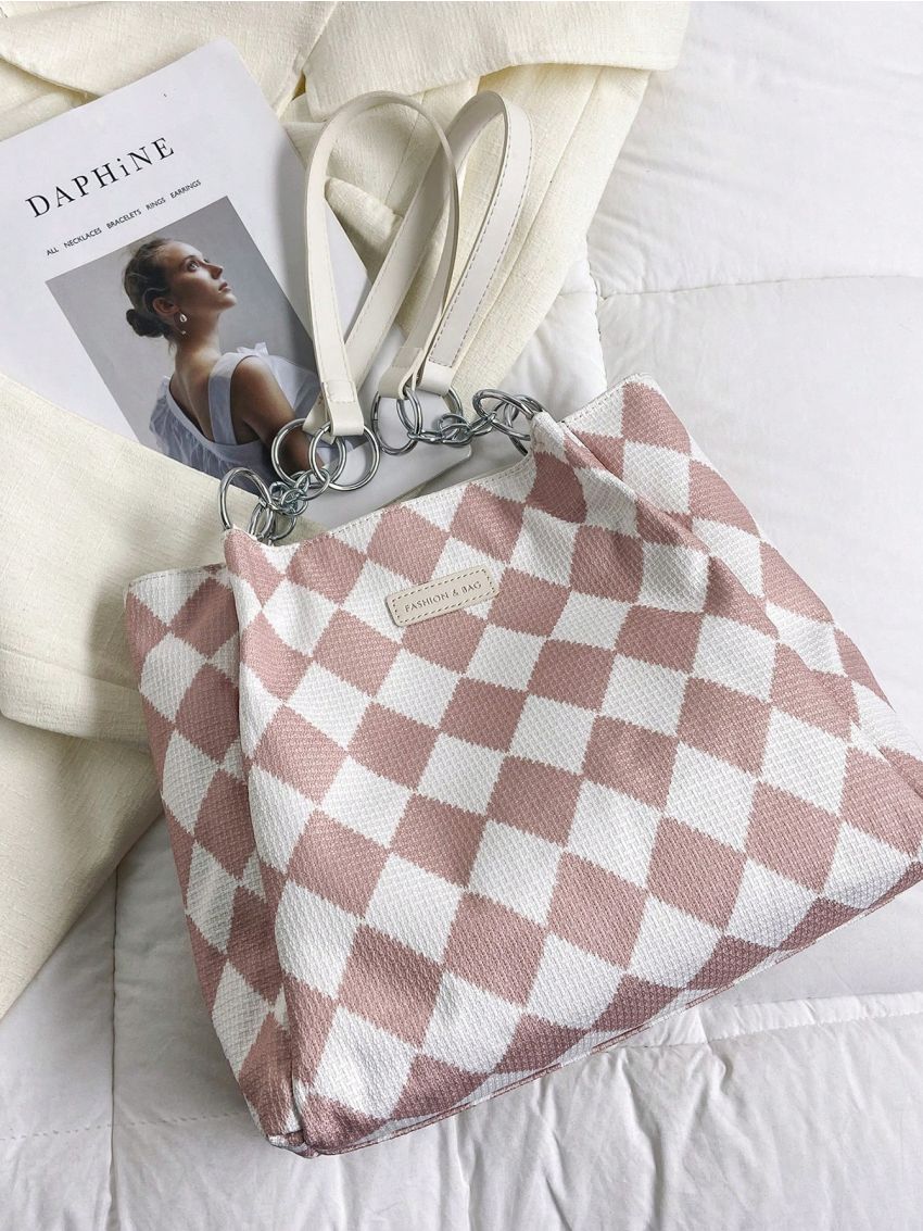 Geometric Pattern Shoulder Tote Bag Small Preppy