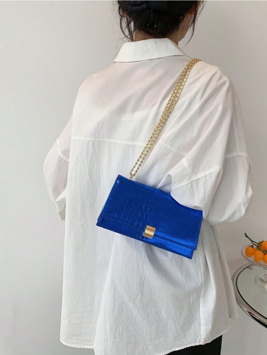 Small Flap Square Bag Crocodile Embossed Metallic Blue Funky