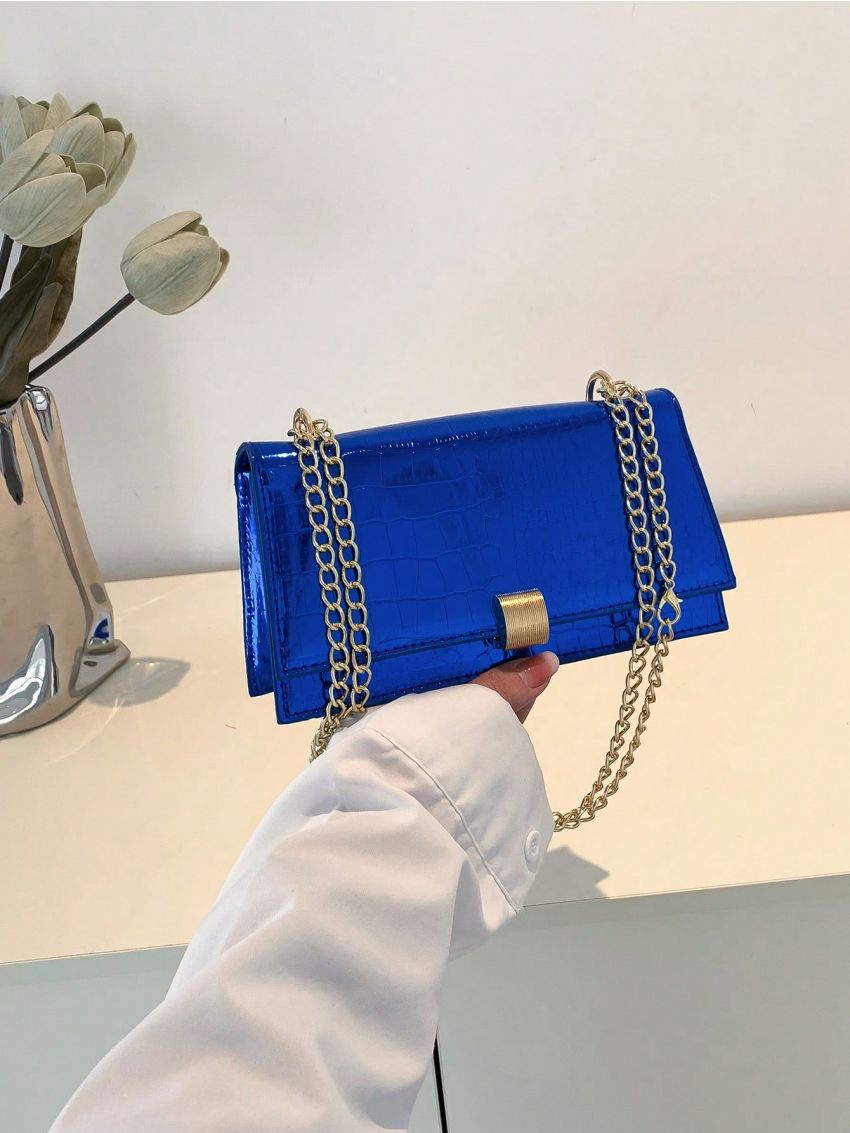 Small Flap Square Bag Crocodile Embossed Metallic Blue Funky