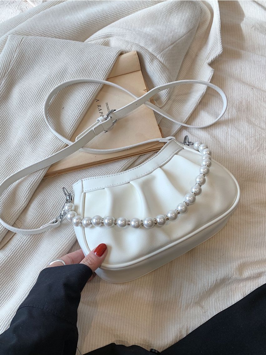 Small Hobo Bag Ruched Detail Pearl Decor