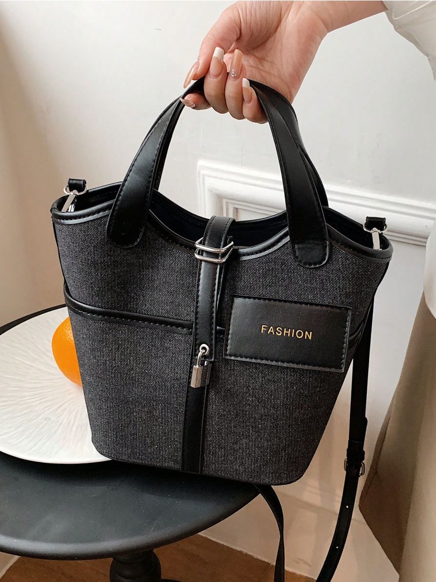 Letter Patch Decor Bucket Bag Lock Decor