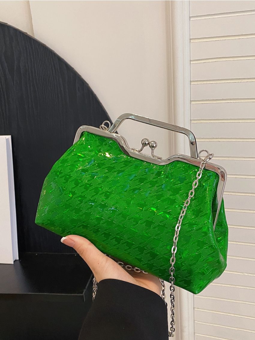 Small Square Bag Houndstooth Embossed Kiss Lock Green