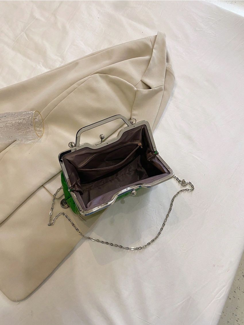 Small Square Bag Houndstooth Embossed Kiss Lock Green