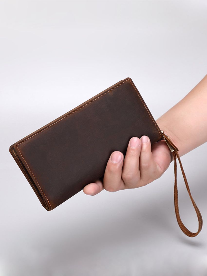 Minimalist Long Wallet Stitch Detail Bifold Genuine Leather Vintage