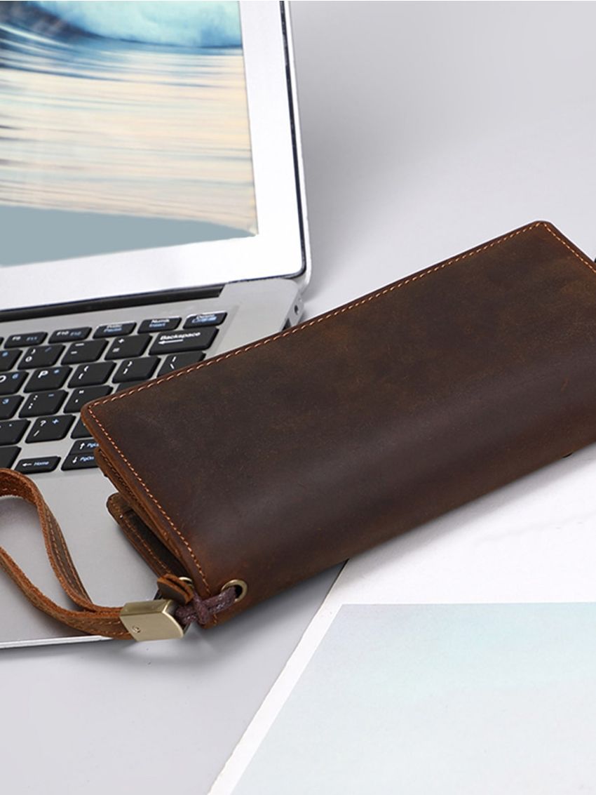 Minimalist Long Wallet Stitch Detail Bifold Genuine Leather Vintage