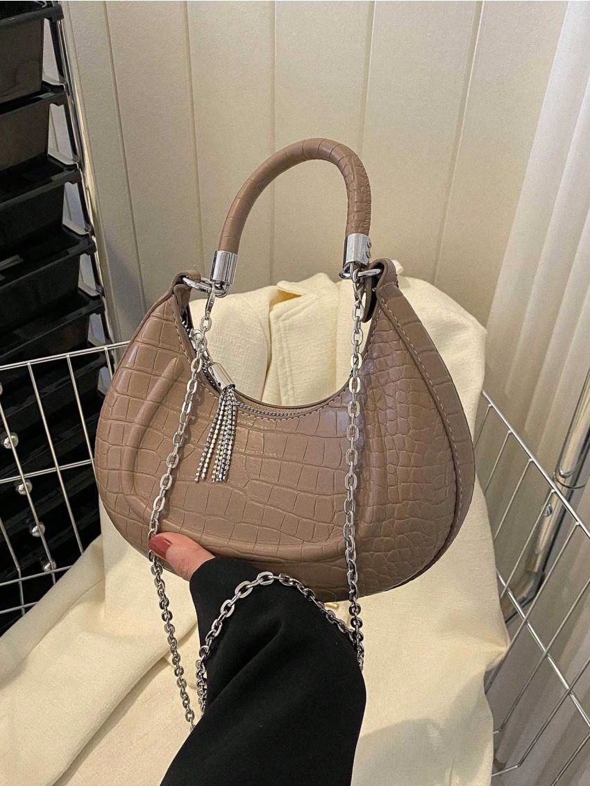 PU Hobo Bag Crocodile Embossed Tassel Decor Chain Strap