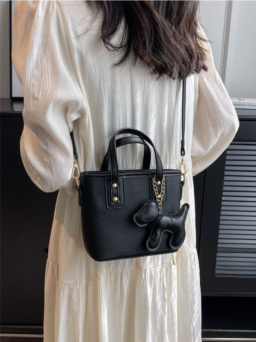 Small Square Bag Litchi Embossed With Cartoon Bag Charm