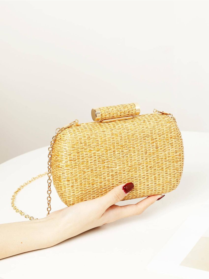 Mini Straw Bag Chain Strap Solid Color For Vacation