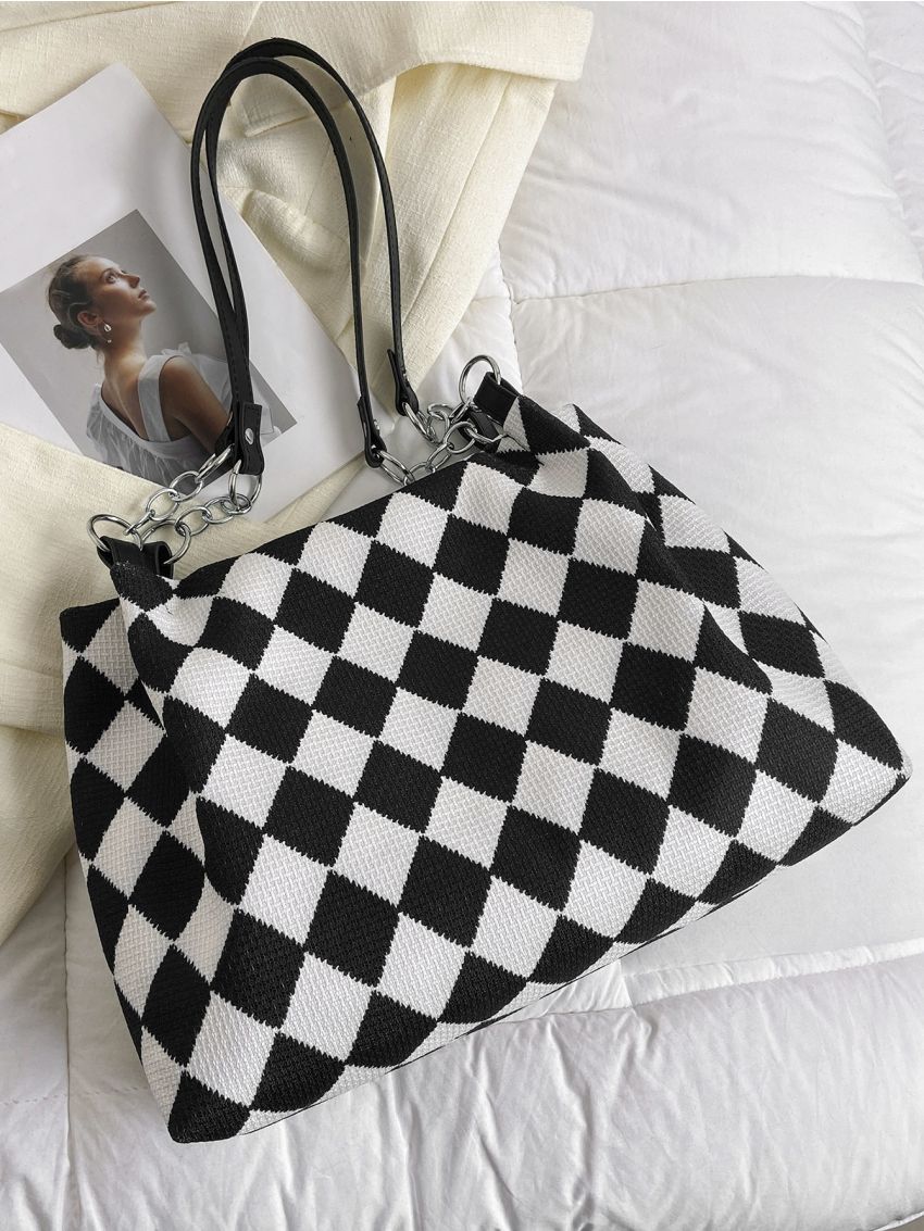Medium Shoulder Tote Bag Argyle Pattern Double Handle