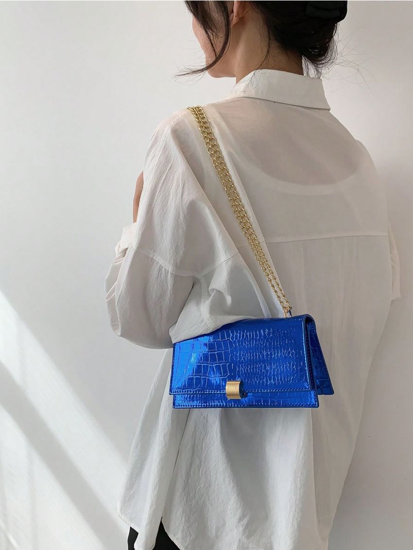 Small Shoulder Bag Metallic Crocodile Embossed Chain Strap